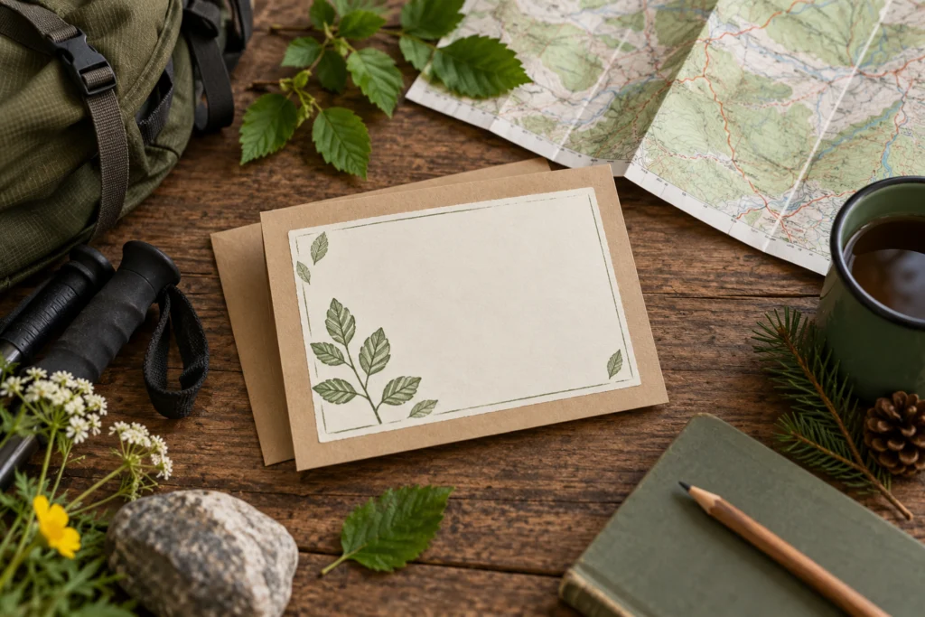 Einladungskarte mit schlichtem Blattstempel und großzügigem Textfeld neben einer gefalteten Papierkarte.
