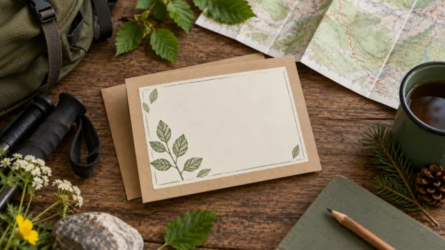 Einladungskarte mit schlichtem Blattstempel und großzügigem Textfeld neben einer gefalteten Papierkarte.