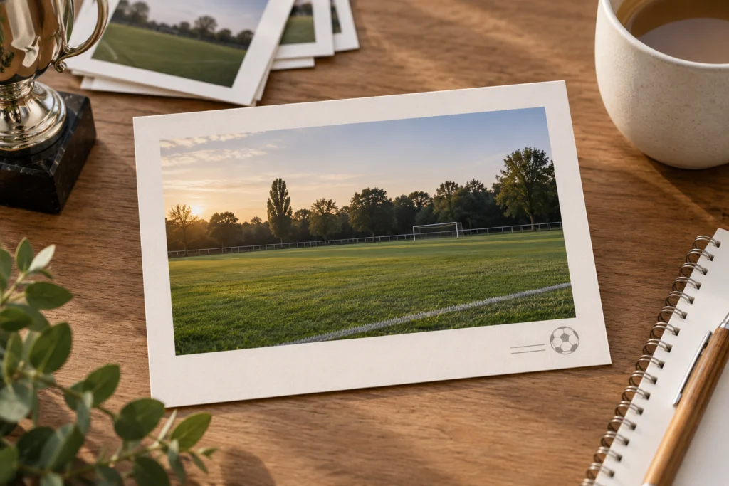 Fotokarte mit einem neutralen Sportfoto, breitem Papierrand und einem kleinen Stempelakzent.