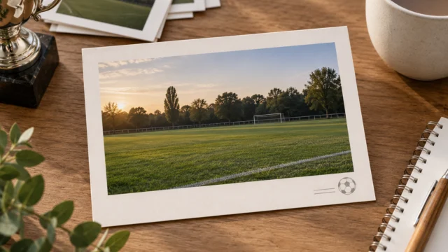 Fotokarte mit einem neutralen Sportfoto, breitem Papierrand und einem kleinen Stempelakzent.