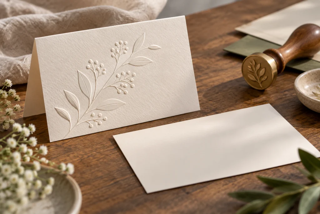 Schlichte helle Glückwunschkarte mit geprägter Papierfläche und einem separaten glatten Grußfeld.