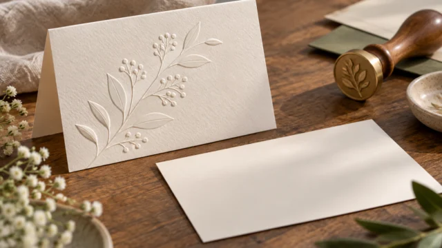 Schlichte helle Glückwunschkarte mit geprägter Papierfläche und einem separaten glatten Grußfeld.