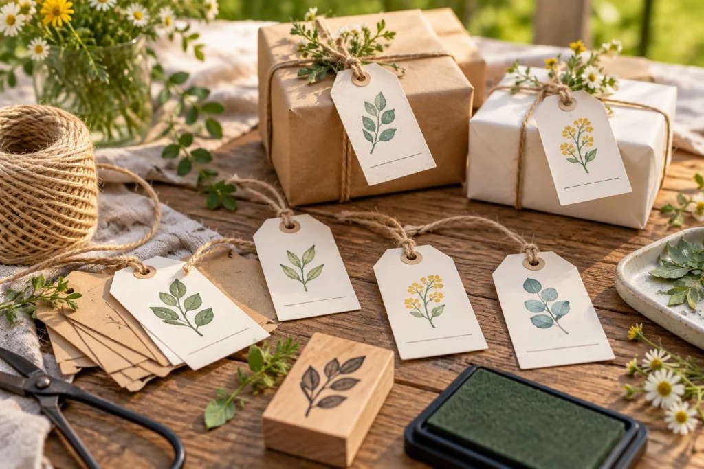 Schlichte gestempelte Papieranhänger mit Blattmotiven und freien Namensfeldern neben kleinen Geschenkboxen.