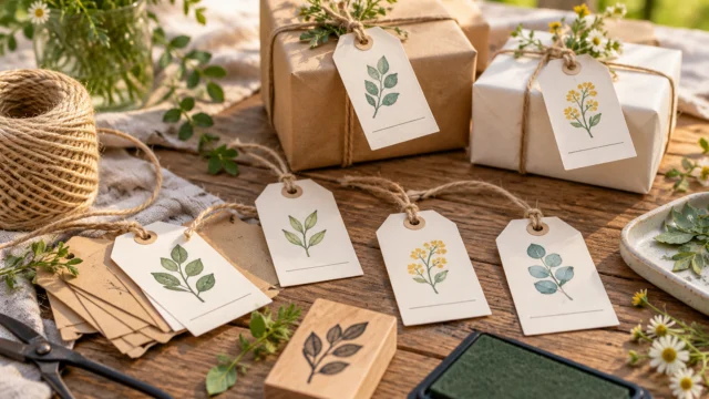 Schlichte gestempelte Papieranhänger mit Blattmotiven und freien Namensfeldern neben kleinen Geschenkboxen.