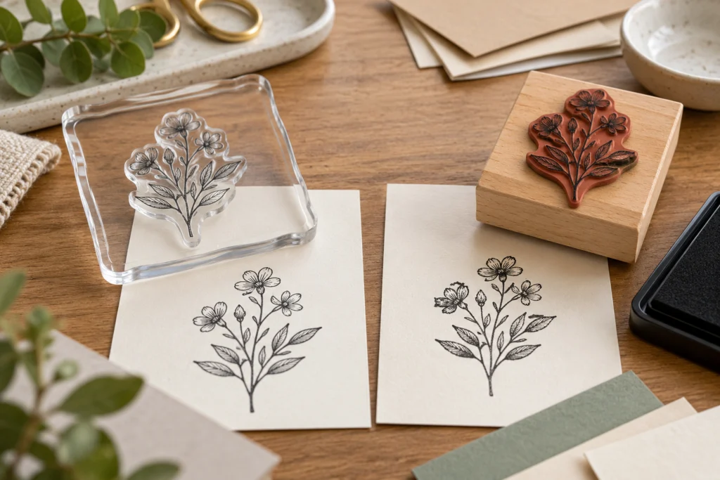 Transparenter Motivstempel auf passendem Block und montierter Holzstempel liegen neben Papierproben.