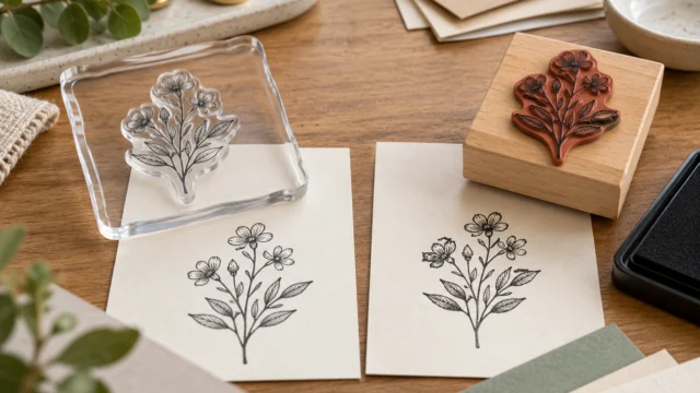 Transparenter Motivstempel auf passendem Block und montierter Holzstempel liegen neben Papierproben.