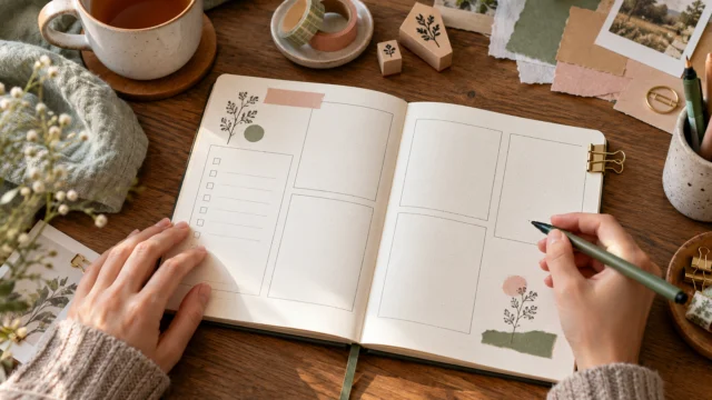 Offenes Notizbuch mit klarer Wochenaufteilung, kleinen Stempelmotiven und danebenliegenden Papierproben.