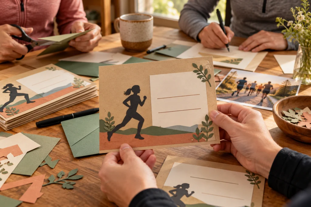 Schlichte Jubiläumseinladung mit neutraler Lauf-Silhouette und klar getrennten Textfeldern.