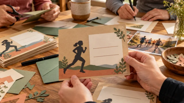 Schlichte Jubiläumseinladung mit neutraler Lauf-Silhouette und klar getrennten Textfeldern.