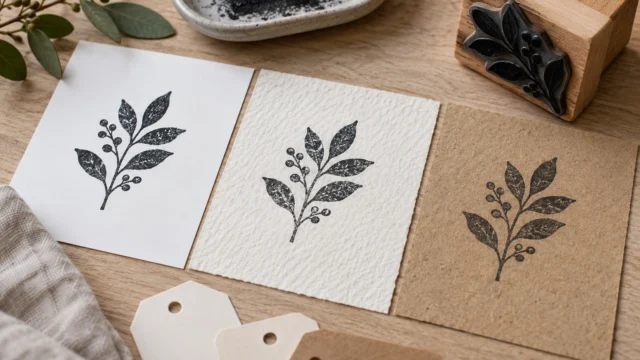 Beschriftbare Papierproben mit demselben einfachen Stempelmotiv auf glatter und strukturierter Oberfläche.