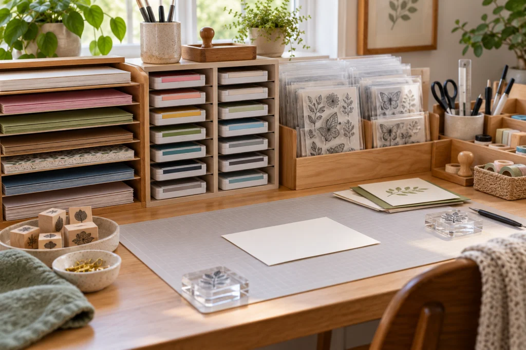 Aufgeräumter Stempelarbeitsplatz mit Papierfächern, geschlossenen Kissen und beschriftbaren Motivhüllen.