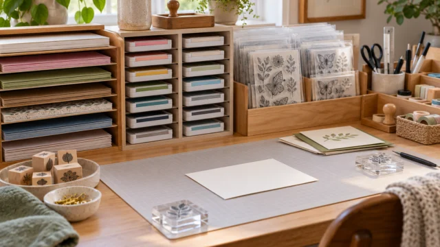 Aufgeräumter Stempelarbeitsplatz mit Papierfächern, geschlossenen Kissen und beschriftbaren Motivhüllen.