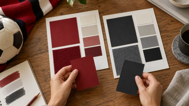 Papiermuster in zwei Vereinsfarben und neutralen Tönen liegen als kleine Layoutproben nebeneinander.