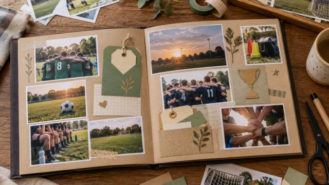 Offenes Vereinsalbum mit kleinen Sportfotos, gestempelten Datumsfeldern und einer Papiertasche.