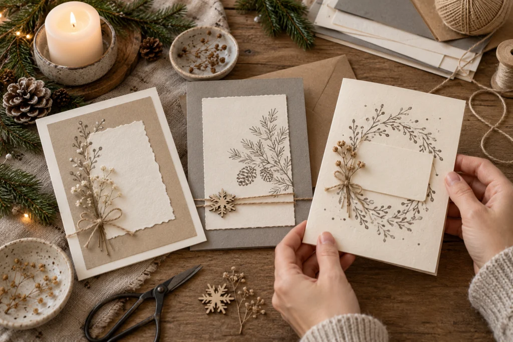 Schlichte Winterkarten aus Creme-, Sand- und Graupapier mit feinen gestempelten Zweigen.