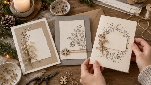 Schlichte Winterkarten aus Creme-, Sand- und Graupapier mit feinen gestempelten Zweigen.